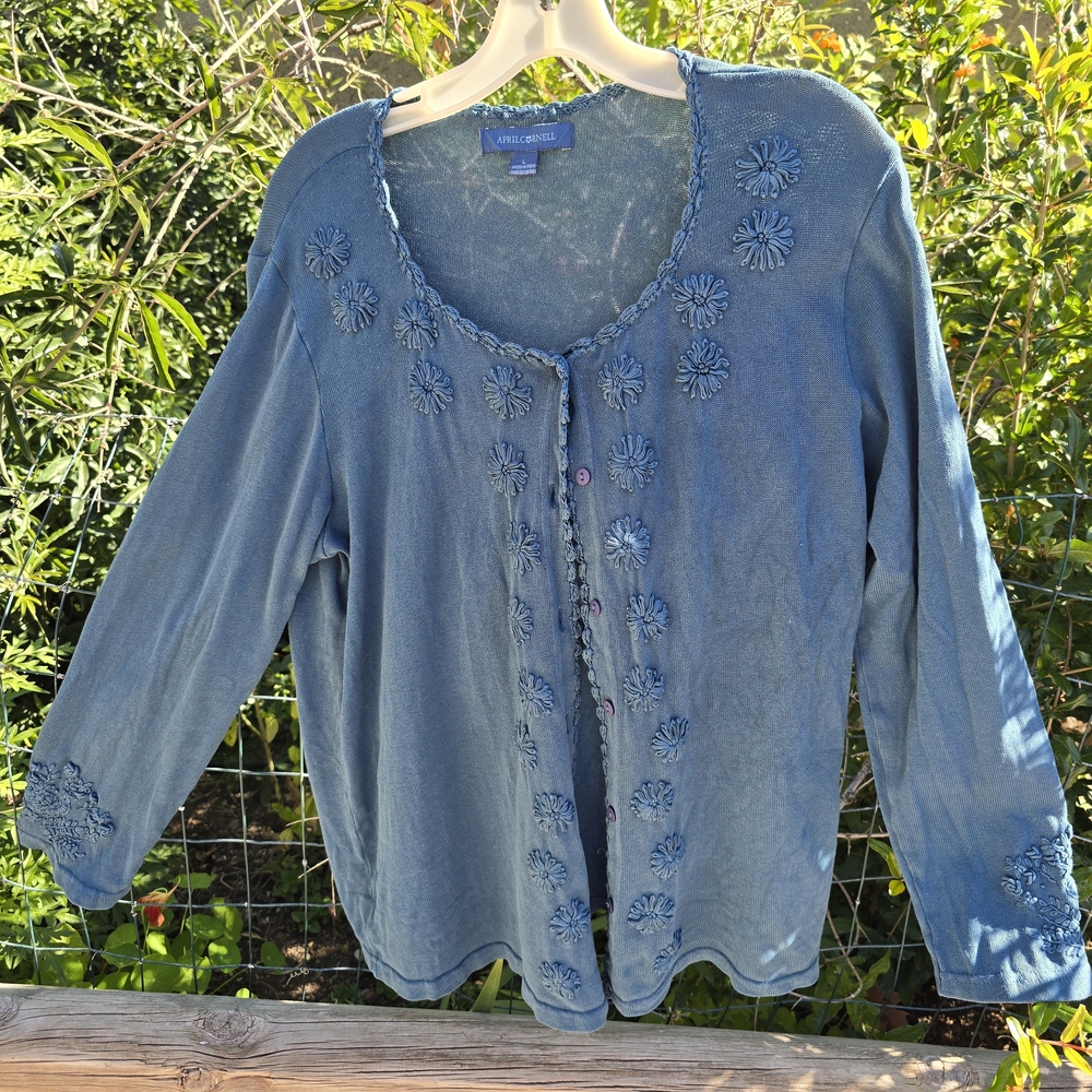 April Cornell Blue Knit Embroidered Cardigan Blouse